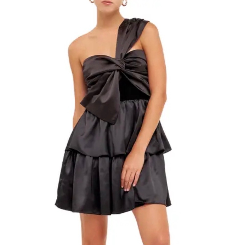 Endless Rose Small Black One Shoulder Satin w/ Velvet Mini Dress Party Holiday